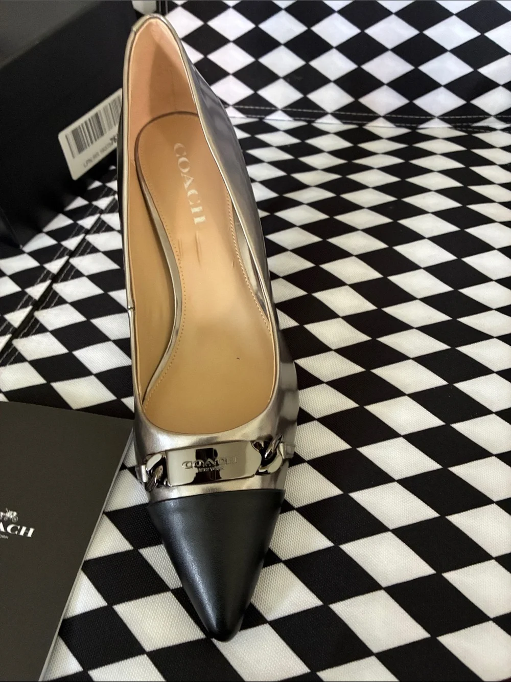 Coach Metallic Silver and Black Pointed Toe Kitten Heels